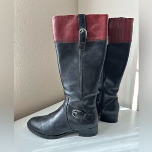 Ariat York Riding Boots Black Burgundy Leather 2-Tone Buckle Equestrian Knee 7.5